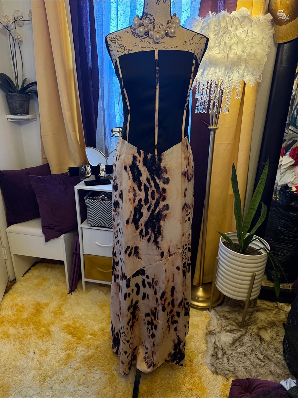 AKIRA Black and Cream Animal-Print Strapless Maxi Dress